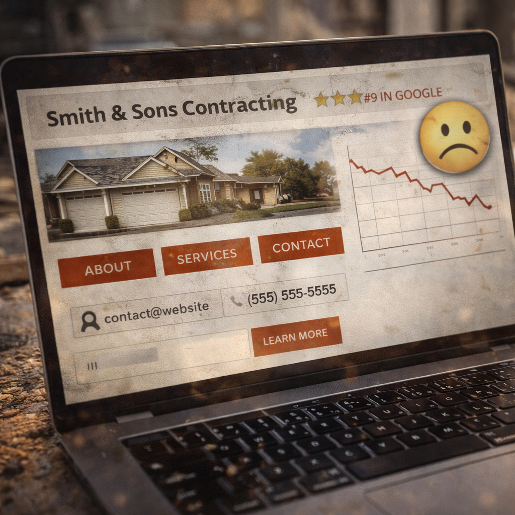 Contractor website ranking poorly on Google search results showing declining traffic and low visibility