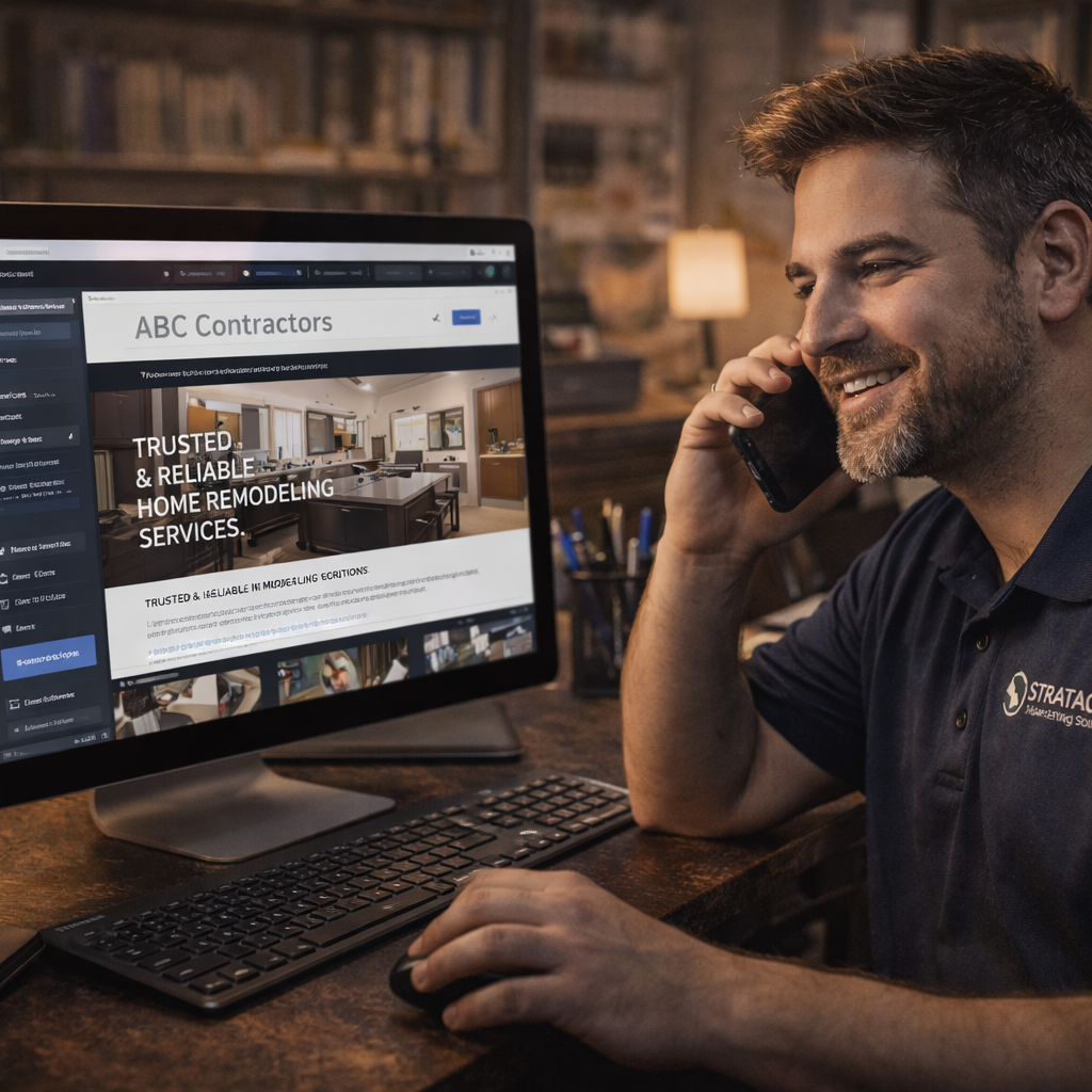 Marketing professional speaking with contractor client while reviewing contractor website design and analytics on computer