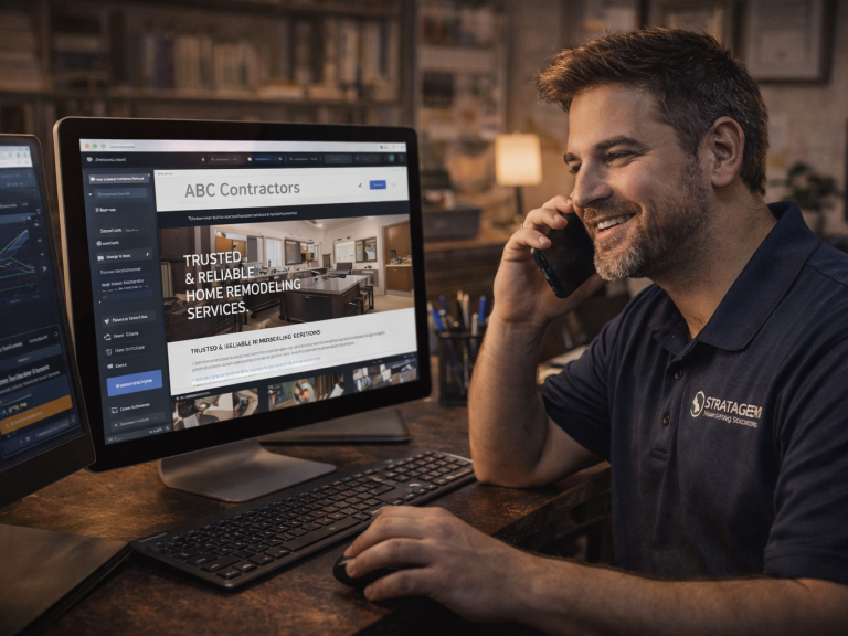 Contractor Website Design and Digital Marketing Consultation Marketing professional speaking with contractor client while reviewing contractor website design and analytics on computer