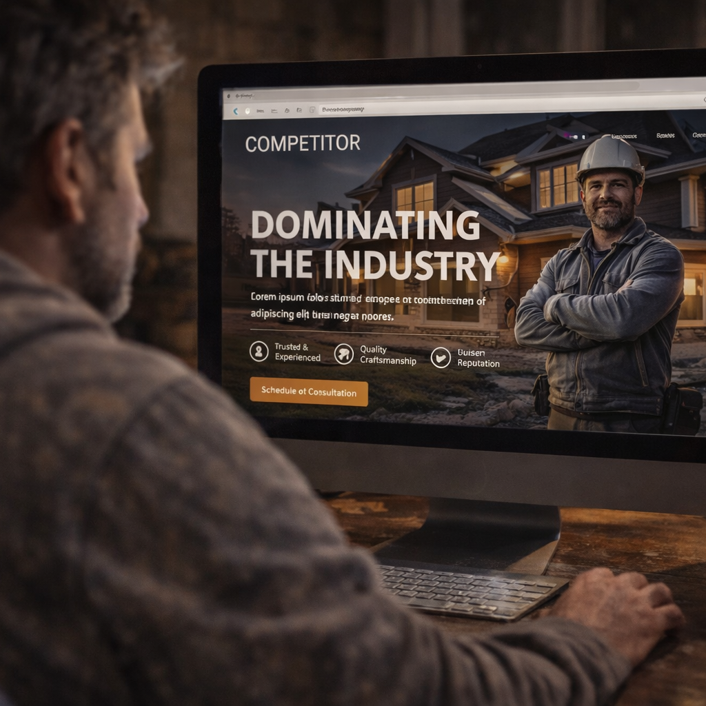 Contractor reviewing competitor contractor website design and online marketing presence on a desktop computer