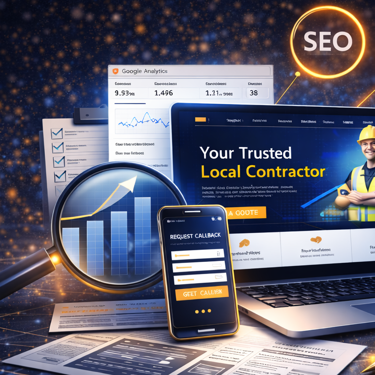 Contractor website SEO optimization showing analytics, keyword strategy, and local search ranking improvements