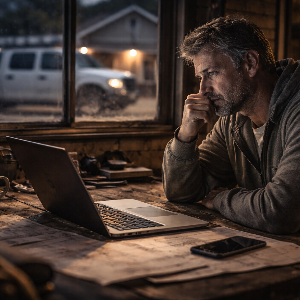 Contractor Analyzing Online Marketing and Leads Contractor reviewing business leads and marketing strategy on laptop at night