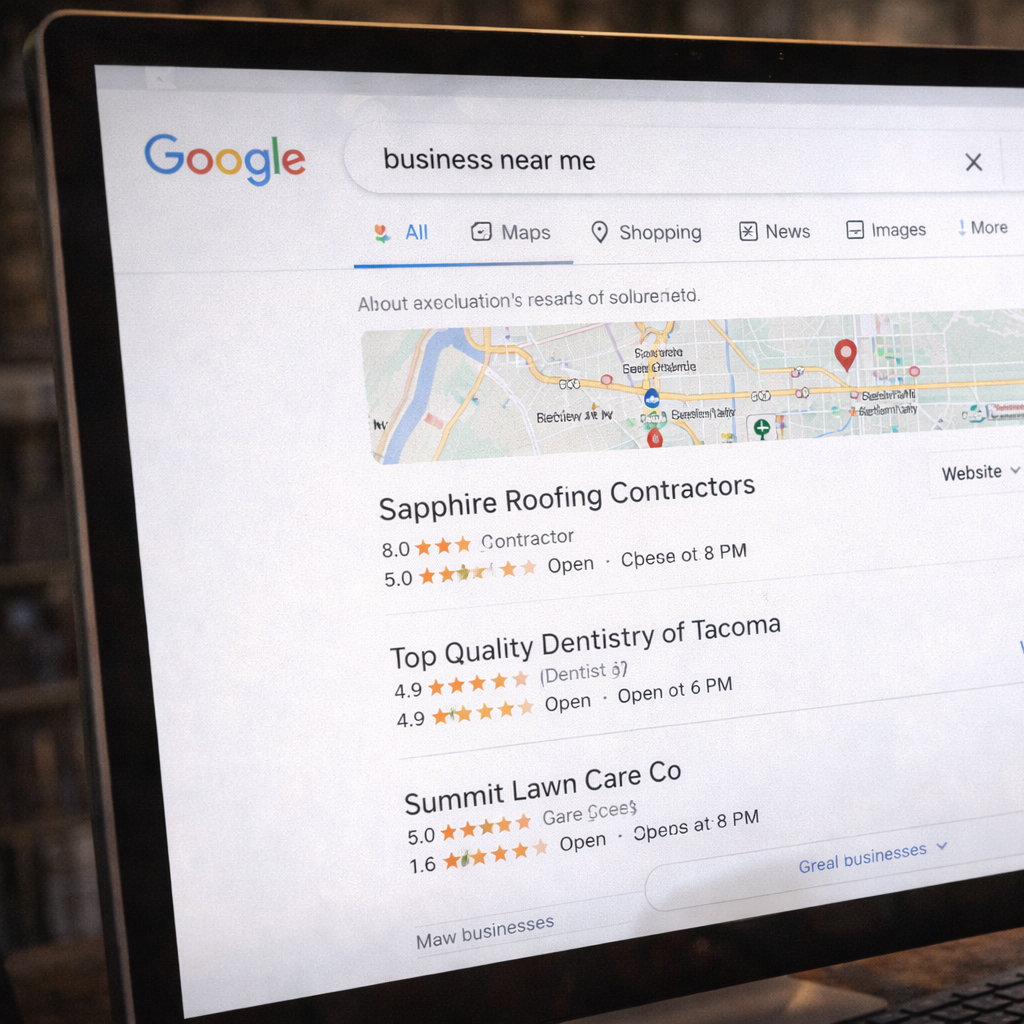 Google search results showing local businesses appearing for a "business near me" search