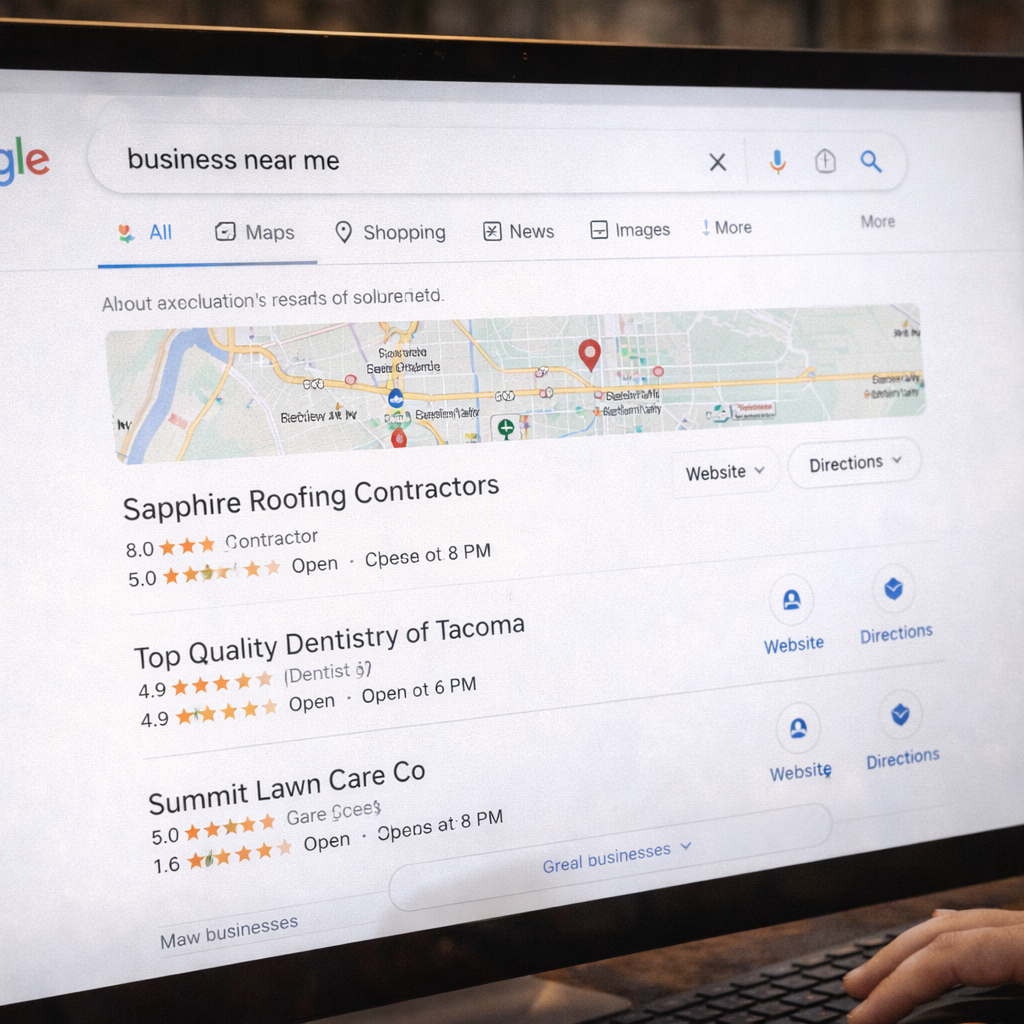 Local Business Search Results on Google Google search results showing local businesses appearing for a "business near me" search
