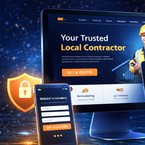 Local contractor SEO strategy showing optimized contractor website, keyword targeting, analytics, and lead generation tools