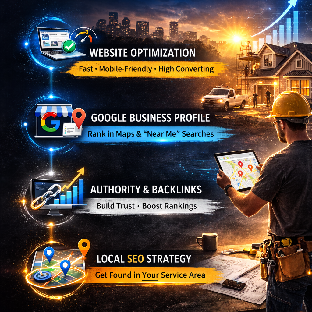 Local SEO strategy infographic for contractors showing website optimization, Google Business Profile, backlinks, and service area rankings