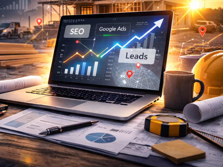 Laptop displaying SEO and Google Ads lead growth analytics at a construction job site
