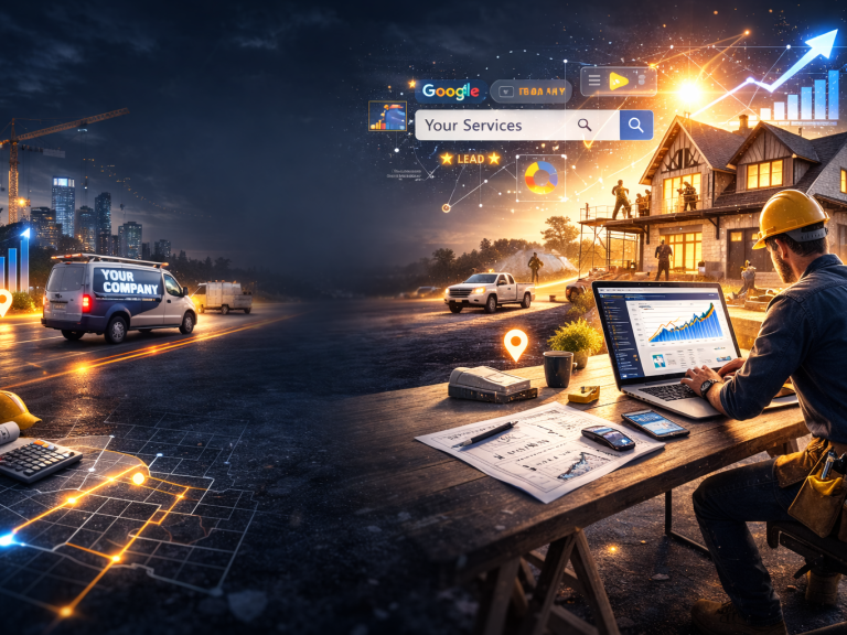 Contractor managing digital marketing and local search strategy on laptop while construction projects and service vehicles operate nearby