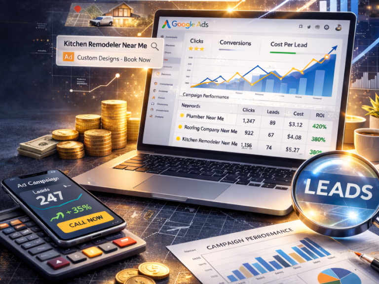 Google Ads campaigns generating contractor leads for services like plumber near me, roofing company near me, and kitchen remodeler near me