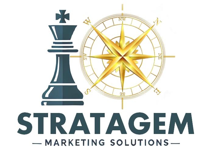 Stratagem Marketing Solutions logo featuring chess king and compass symbol