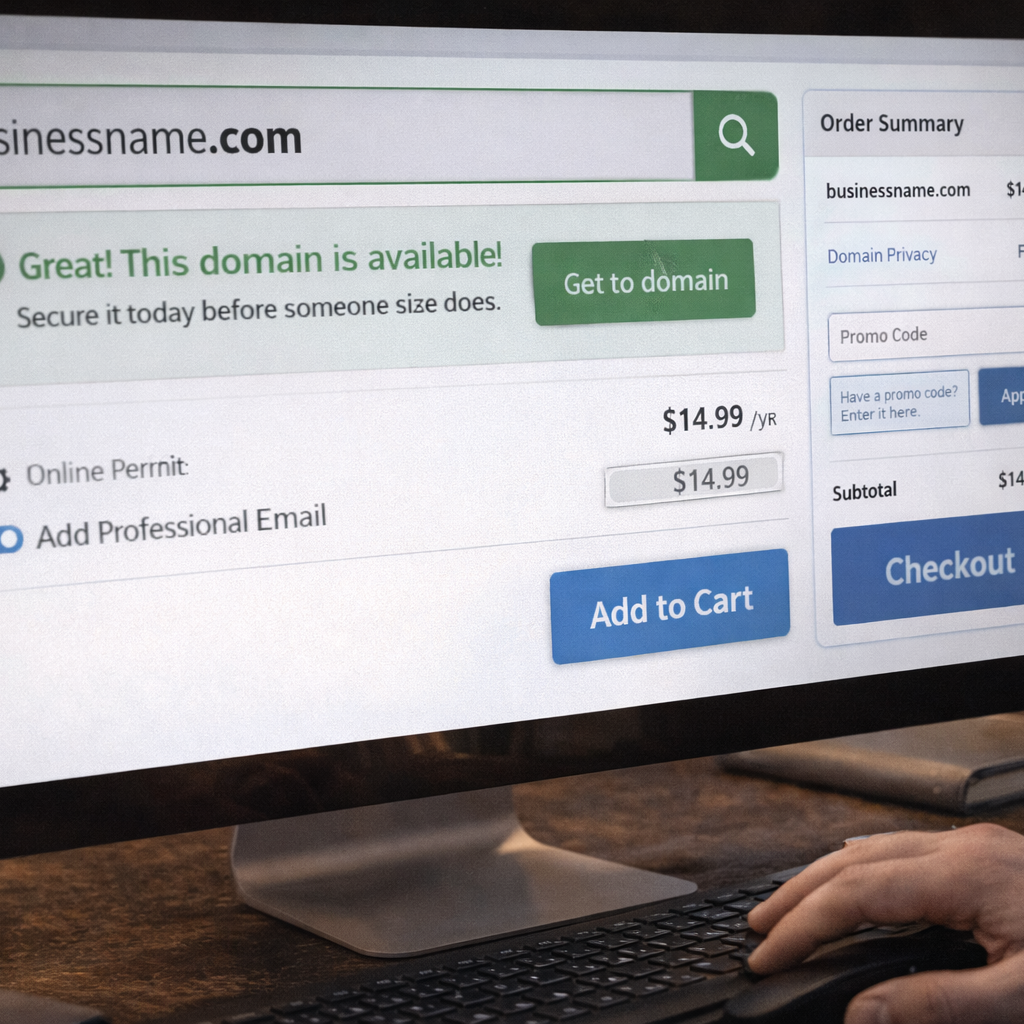 Checking availability of a business domain name on a website registration platform